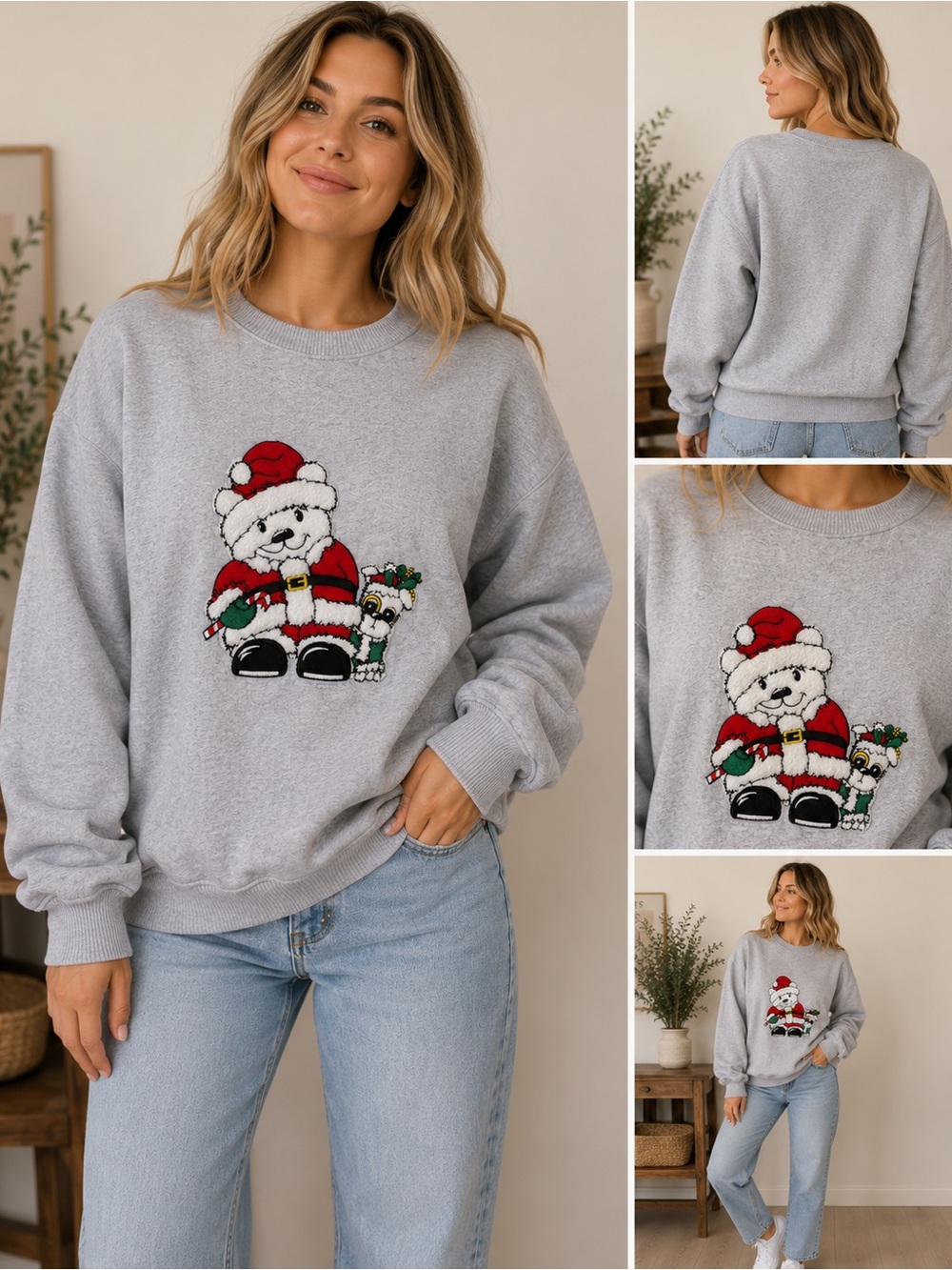 Vintage 1980s Paws & Reflect by Kittens Santa Bear Christmas Sweatshirt Gray L
